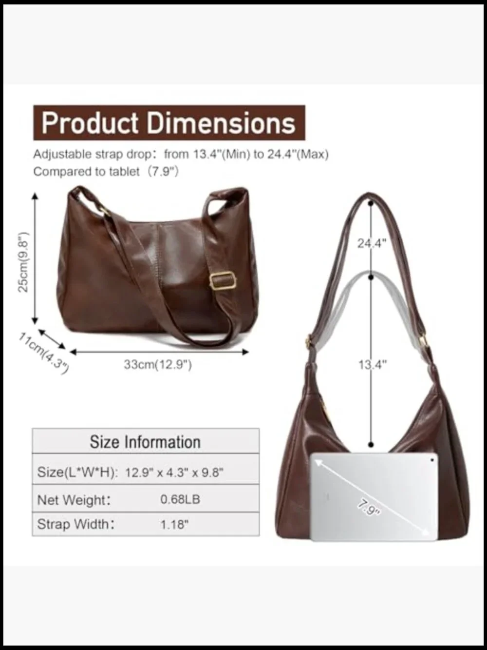Vegan Leather Slouchy Hobo Shoulder Crossbody Bag Tote Purse Travel